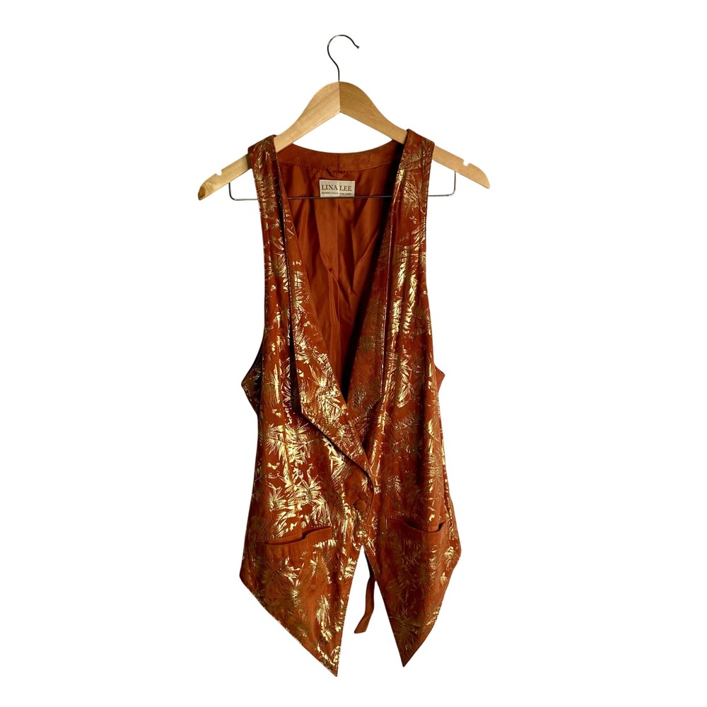 Vintage 80s Lina Lee Gold Foil Rust Vest Boho Beverly Hills Western **FLAWS**